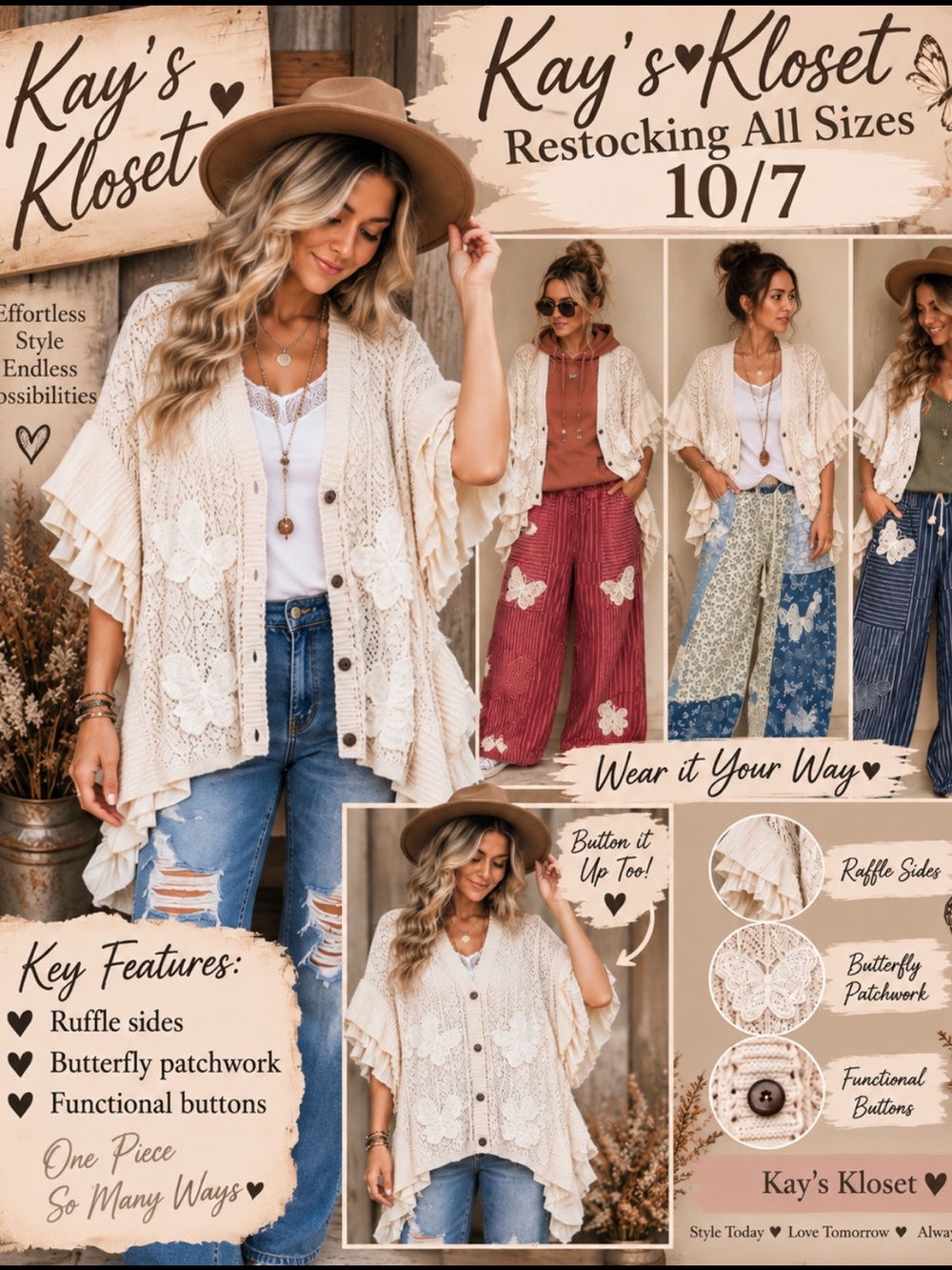 W15-🤍🦋(RESTOCKING s/m/l on 10/7) Cream Butterfly Lace Ruffle-Sleeve LaceCardigan